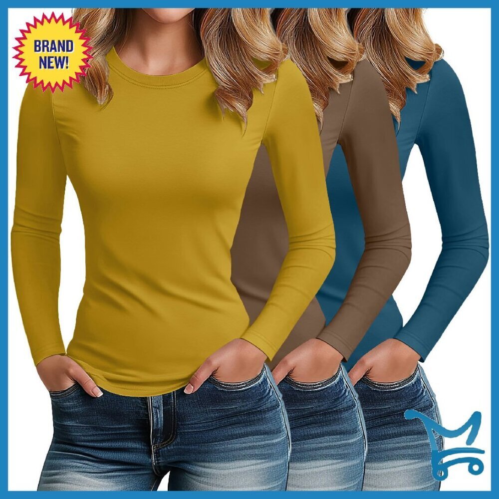 Women's Long Sleeve Cotton Blend Crew Neck Slim Fit Tees 3 Pack